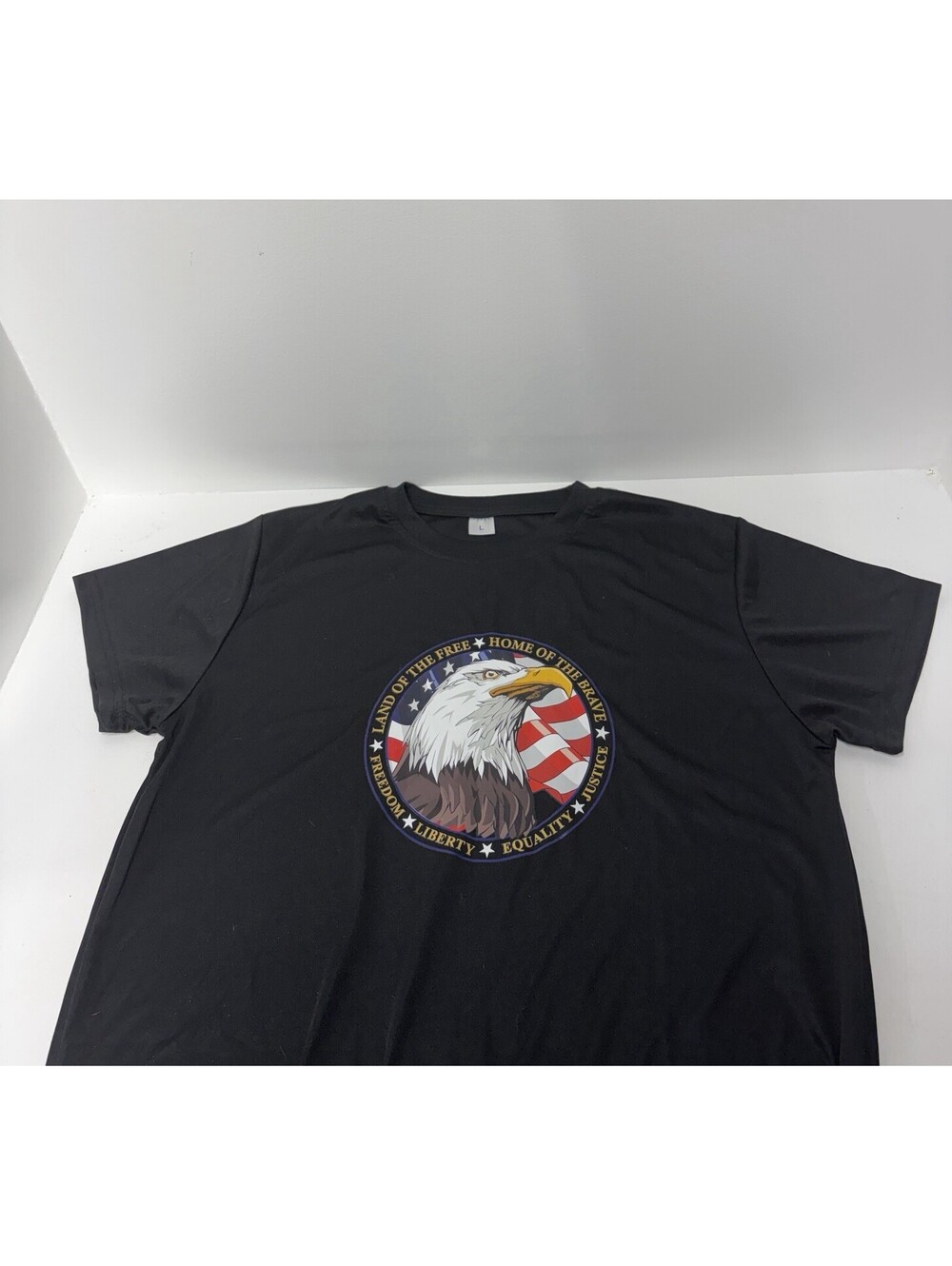 American Flag & Eagle: Land of The Free Home of The Brave Men’s T-Shirt Size L